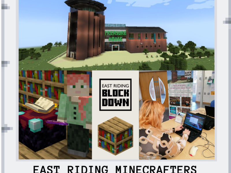 Image showing the Treasure House in Beverley recreated in Minecraft, a character in Minecraft, and a person using a laptop